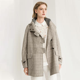 Famecoco范可儿羊毛大衣冬季牛角扣中长款连帽格纹毛呢外套F218AR006