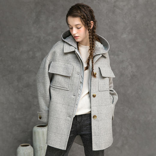 Famecoco范可儿双面呢羊毛大衣冬款时尚连帽格纹毛呢外套F218AR001 商品图0