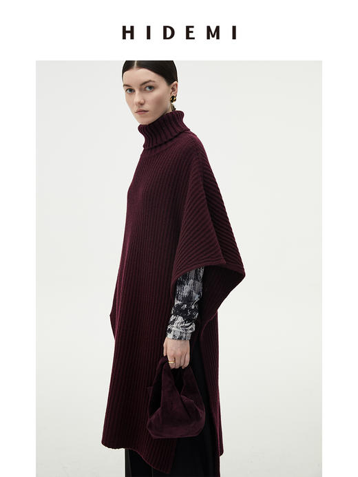HIDEMI 美利奴羊毛系列酒红色加厚针织廓形斗篷 商品图3