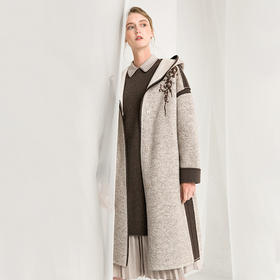 Famecoco范可儿毛呢大衣秋冬款连帽长款外套F218AC001