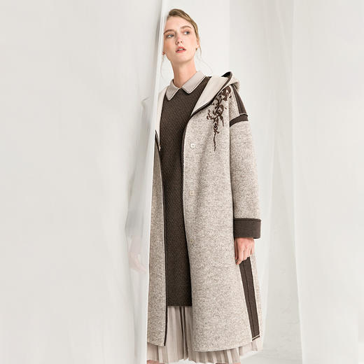 Famecoco范可儿毛呢大衣秋冬款连帽长款外套F218AC001 商品图0