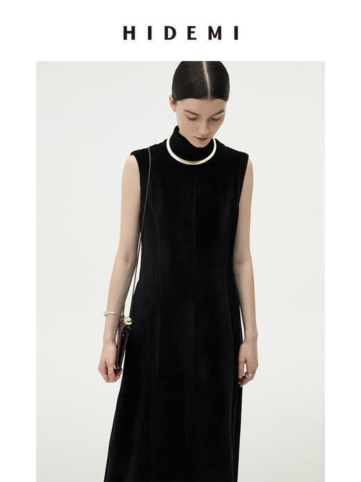 HIDEMI黑色小立领设计感立裁绒面背心长裙 商品图4