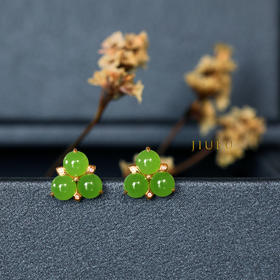 18K玫瑰金和田玉（碧玉）镶钻耳钉--三叶草 /半珠5mm/苹果绿