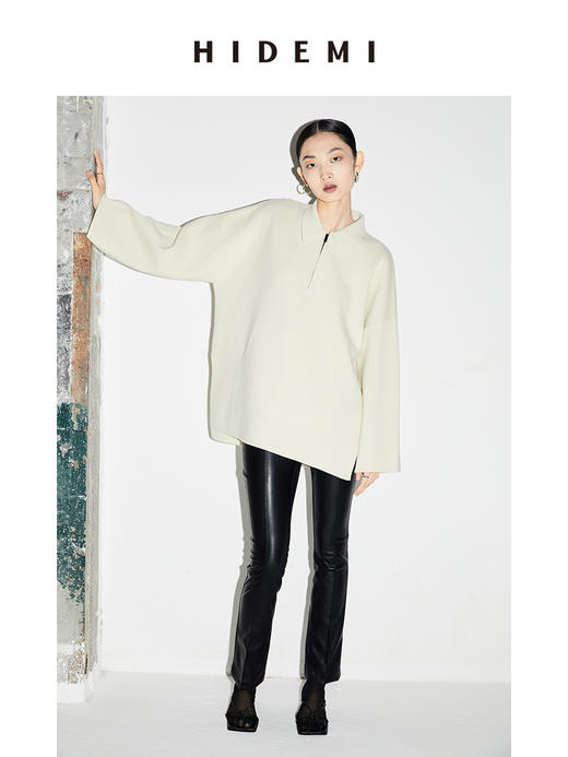HIDEMI 美利奴羊毛系列POLO拉链式中厚款上衣 白色/灰色 商品图5