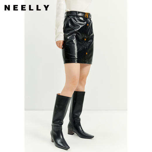NEELLY纳俪商场同款秋冬季皮裙子半身裙女新款腰带单排扣A字裙潮N21101E01031 商品图1