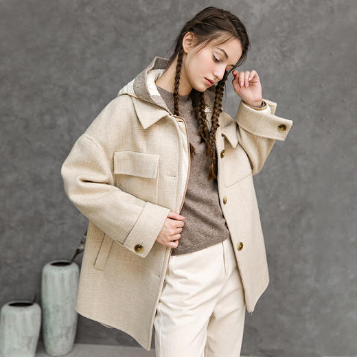 Famecoco范可儿双面呢羊毛大衣冬款时尚连帽格纹毛呢外套F218AR001 商品图3