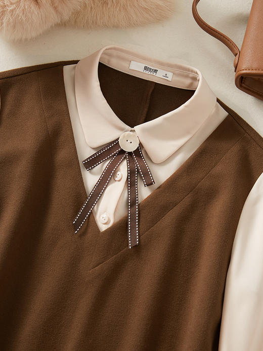 【年中特卖】熙世界法式衬衫领长袖拼接假两件连衣裙女设计感直筒裙子A 商品图2