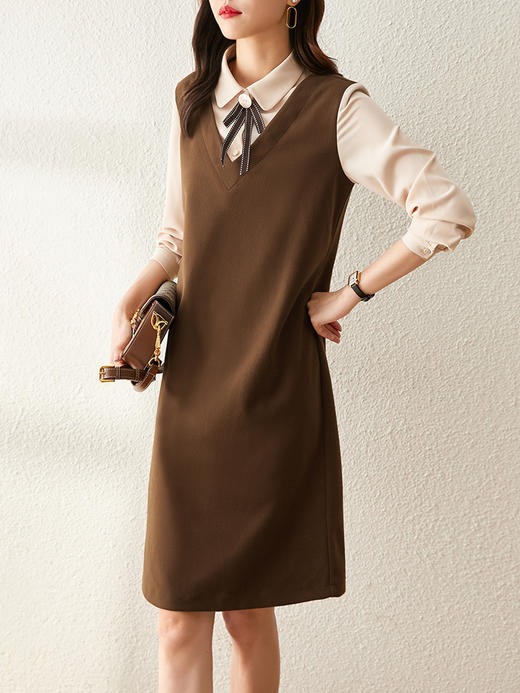 【年中特卖】熙世界法式衬衫领长袖拼接假两件连衣裙女设计感直筒裙子A 商品图1