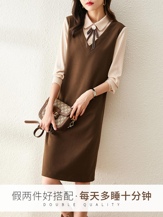 【年中特卖】熙世界法式衬衫领长袖拼接假两件连衣裙女设计感直筒裙子A 商品图0