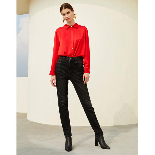 EITIE爱特爱冬季新款时尚简约百搭显瘦黑色修身铅笔裤牛仔裤D2105811 商品图3