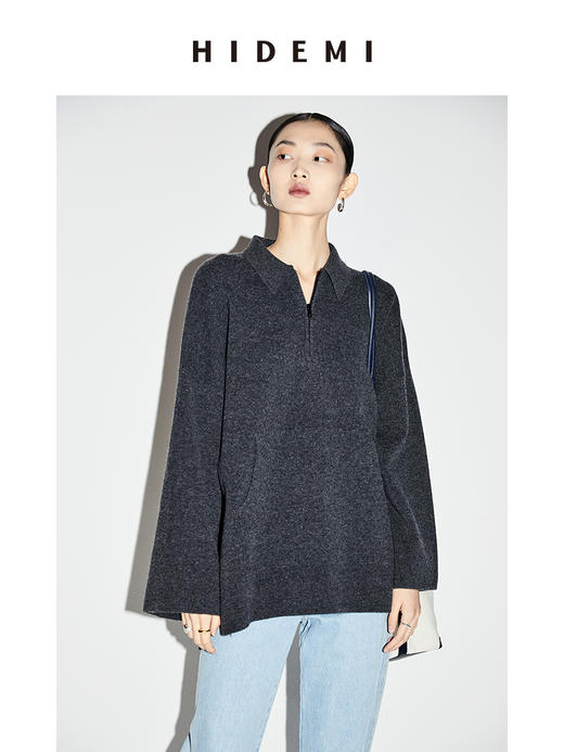 HIDEMI 美利奴羊毛系列POLO拉链式中厚款上衣 白色/灰色 商品图11