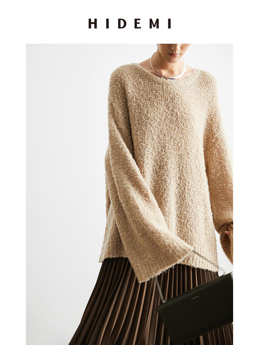 HIDEMI 圈圈羊驼毛粗针宽松毛衣 黑色/自然驼 商品图10
