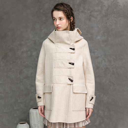 Famecoco范可儿羊毛大衣冬季牛角扣中长款连帽格纹毛呢外套F218AR006 商品图4