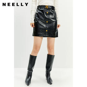 NEELLY纳俪商场同款秋冬季皮裙子半身裙女新款腰带单排扣A字裙潮N21101E01031