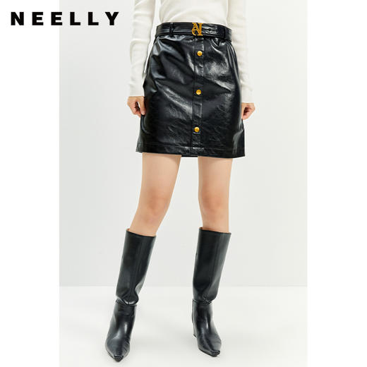 NEELLY纳俪商场同款秋冬季皮裙子半身裙女新款腰带单排扣A字裙潮N21101E01031 商品图0