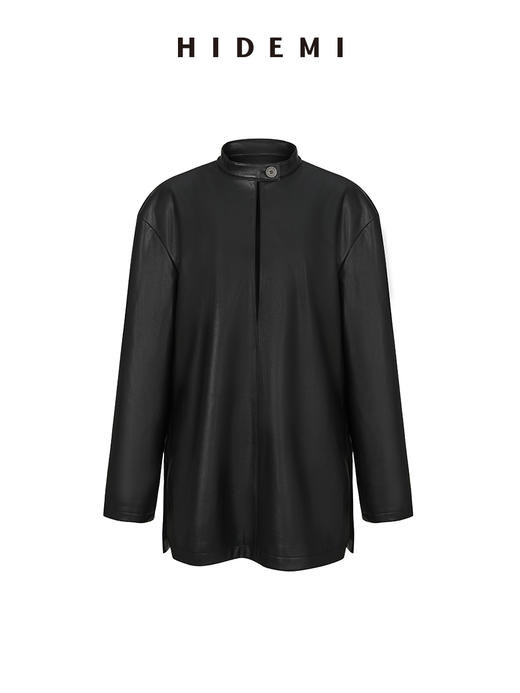 HIDEMI 黑色纽扣式镂空设计感小立领皮上衣皮衣 商品图7