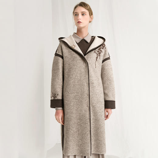 Famecoco范可儿毛呢大衣秋冬款连帽长款外套F218AC001 商品图1