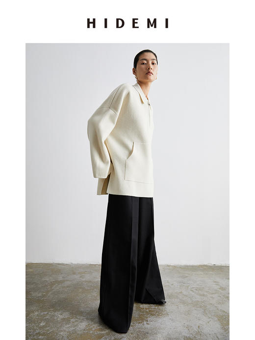 HIDEMI 美利奴羊毛系列POLO拉链式中厚款上衣 白色/灰色 商品图3