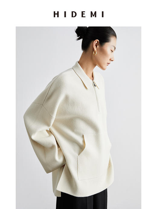 HIDEMI 美利奴羊毛系列POLO拉链式中厚款上衣 白色/灰色 商品图4