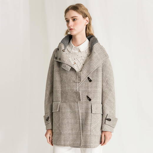 Famecoco范可儿羊毛大衣冬季牛角扣中长款连帽格纹毛呢外套F218AR006 商品图1