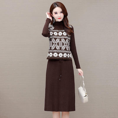 WE- MY-M21558 印花针织两件套装连衣裙女2021秋新款修身气质减龄弹力长袖打底裙 商品图2