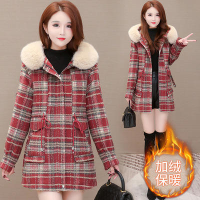 WE- JLNH-YNMA052 格子加绒毛呢外套女中长款2021秋装新款修身收腰气质优雅时尚大衣 商品图1
