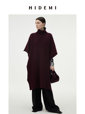 HIDEMI 美利奴羊毛系列酒红色加厚针织廓形斗篷