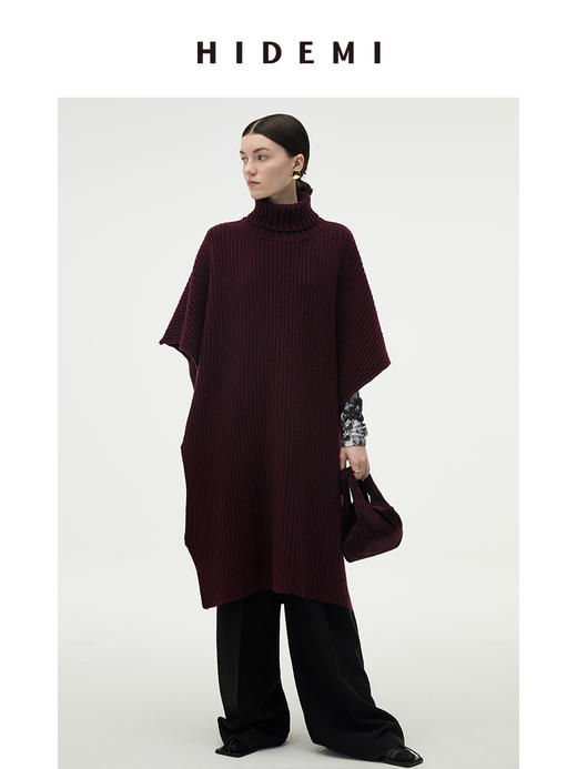 HIDEMI 美利奴羊毛系列酒红色加厚针织廓形斗篷 商品图0