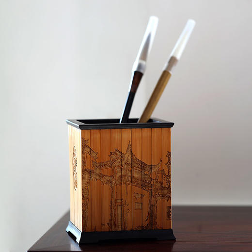 水墨徽州°紫光檀镶碳化竹笔筒 商品图5