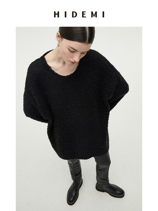 HIDEMI 圈圈羊驼毛粗针宽松毛衣 黑色/自然驼 商品图4