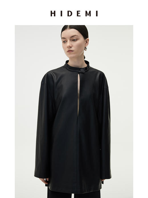 HIDEMI 黑色纽扣式镂空设计感小立领皮上衣皮衣 商品图5