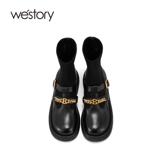 westory2021秋季新款时尚袜靴圆头弹力靴短筒链条潮靴S21DS81311 商品图2