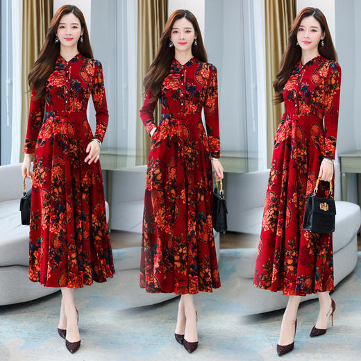 修身复古，印花针织显瘦气质大码长袖连衣裙HR-XYFS6209 商品图2