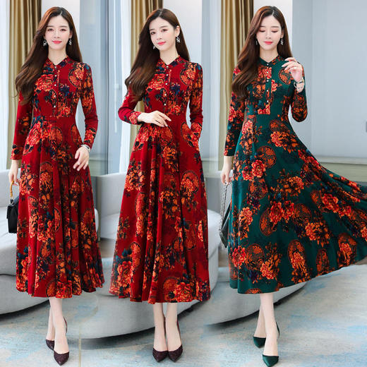 XYFS6209 秋装新款修身复古印花针织显瘦气质大码长袖连衣裙 商品图2