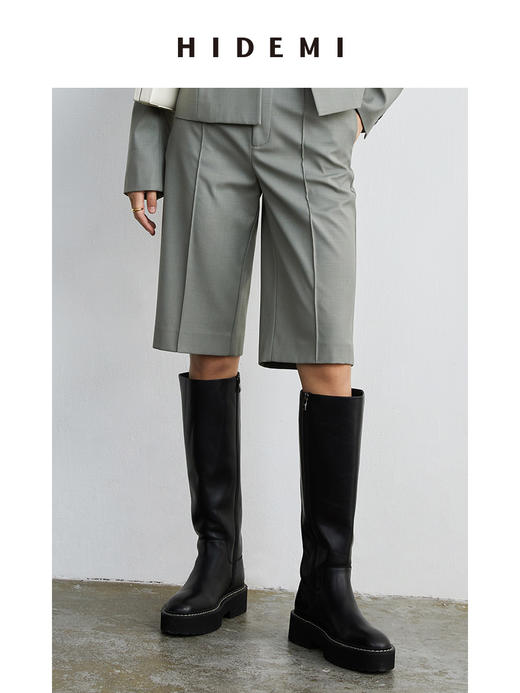 HIDEMI 黑色简约加厚增高底女鞋牛皮长靴 商品图3