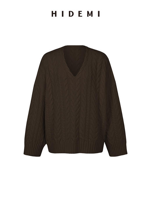 HIDEMI 美利奴羊毛系列巧克力棕绞花粗针厚款V领大毛衣 商品图4