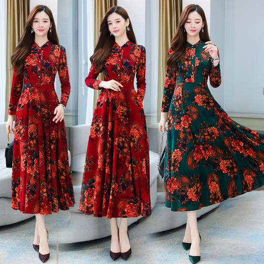 修身复古，印花针织显瘦气质大码长袖连衣裙HR-XYFS6209 商品图0