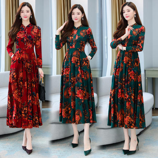 修身复古，印花针织显瘦气质大码长袖连衣裙HR-XYFS6209 商品图1