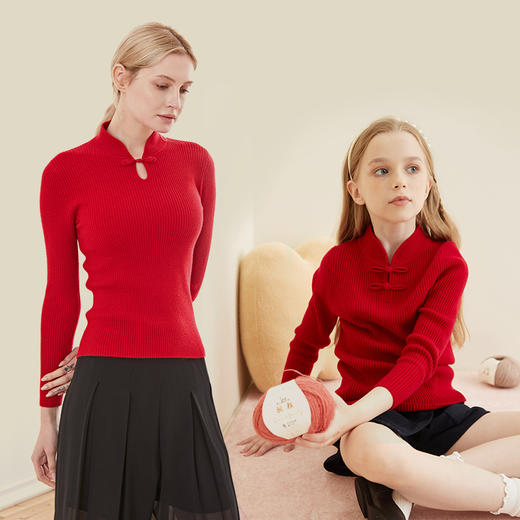 【中国红复古盘扣套衫】羊绒世家童装秋冬新品女宝复古盘扣100%山羊绒衫 商品图3