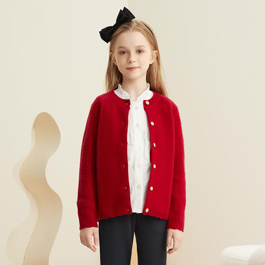 【童装绞花羊绒针织开衫】羊绒世家童装女宝100%羊绒开衫加厚保暖绞花毛衣 商品图1