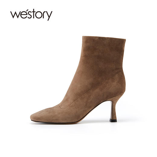 westory2021秋冬新品羊皮绒面时装靴短筒女靴细跟方头W21DS81401 商品图1