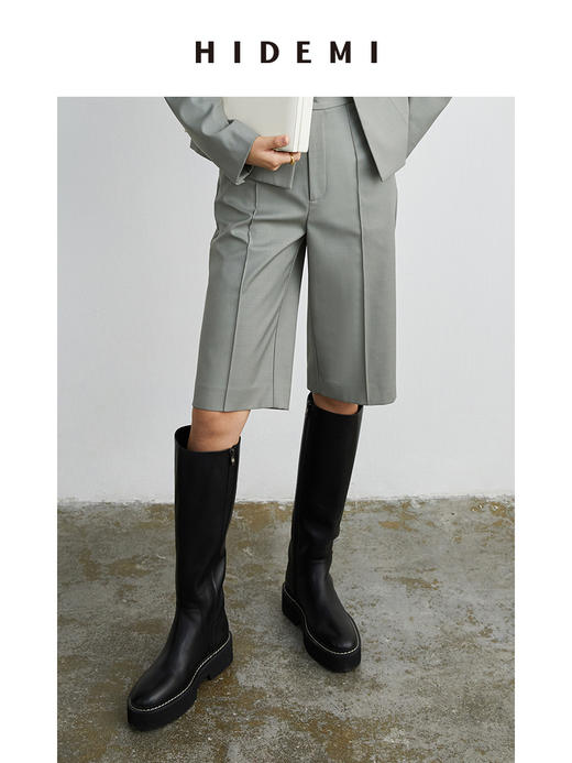 HIDEMI 黑色简约加厚增高底女鞋牛皮长靴 商品图2