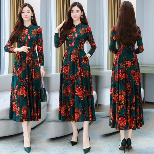 XYFS6209 秋装新款修身复古印花针织显瘦气质大码长袖连衣裙 商品图1