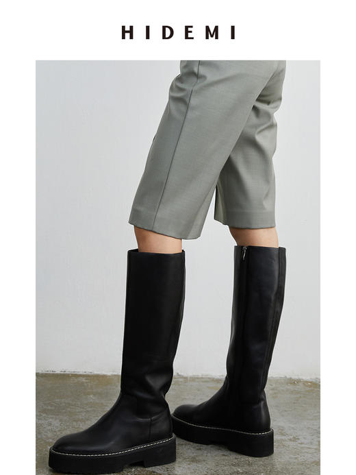 HIDEMI 黑色简约加厚增高底女鞋牛皮长靴 商品图5