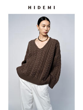 HIDEMI 美利奴羊毛系列巧克力棕绞花粗针厚款V领大毛衣