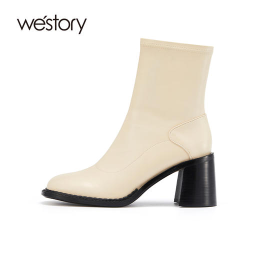 westory2021秋季新款纯色线条感短筒时装靴英伦风高跟S21DS81221 商品图1