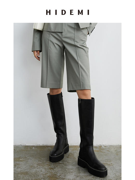 HIDEMI 黑色简约加厚增高底女鞋牛皮长靴 商品图4