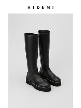 HIDEMI 黑色简约加厚增高底女鞋牛皮长靴