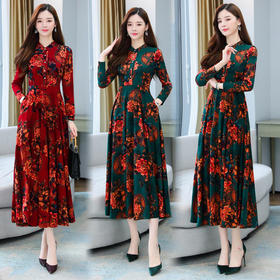 XYFS6209 秋装新款修身复古印花针织显瘦气质大码长袖连衣裙