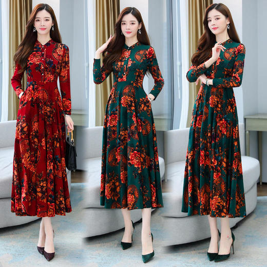 XYFS6209 秋装新款修身复古印花针织显瘦气质大码长袖连衣裙 商品图0